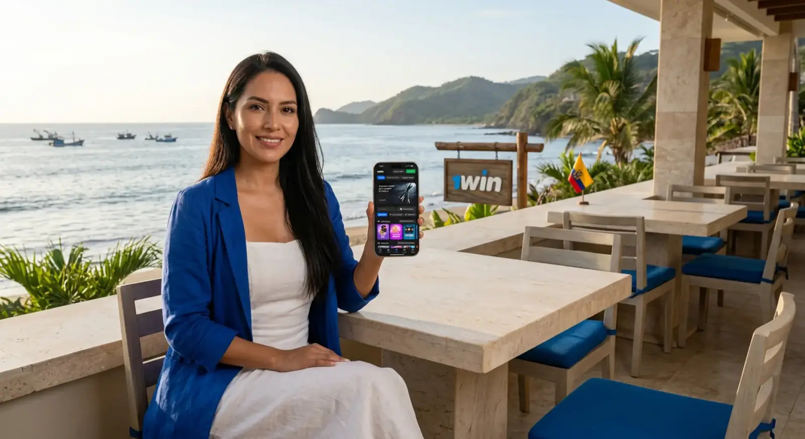 Mujer en una terraza frente al mar en la costa ecuatoriana que muestra la app de 1win en su celular