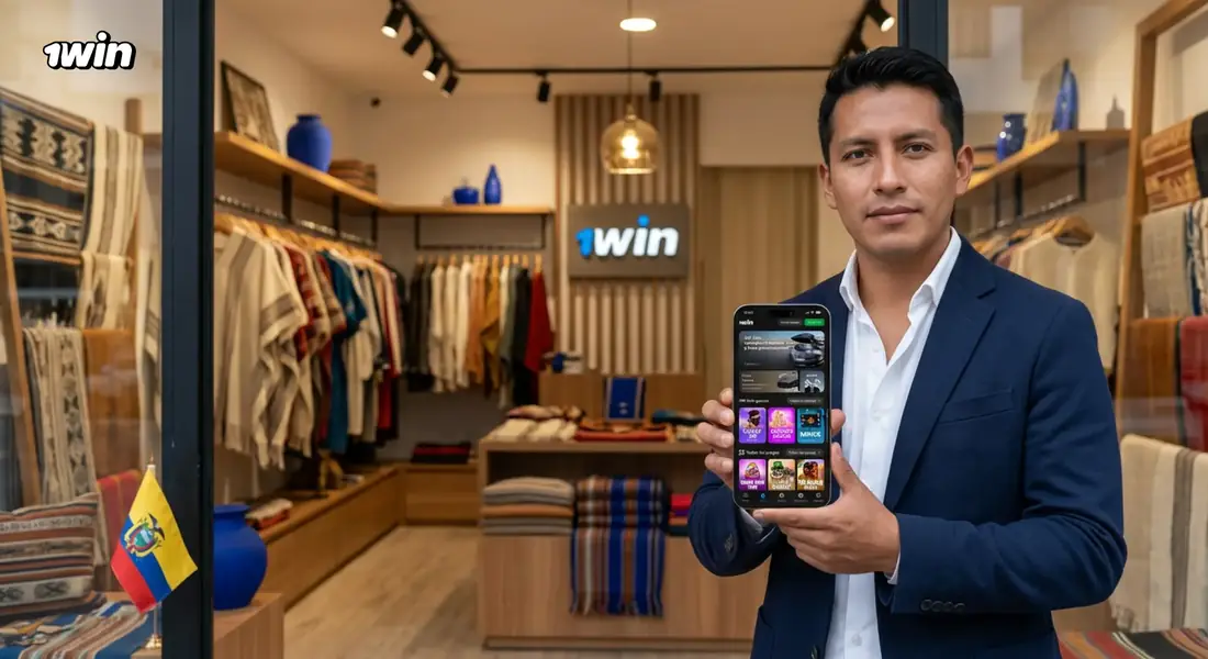 Hombre en una tienda de artesanías ecuatorianas que muestra la app de 1win en su celular